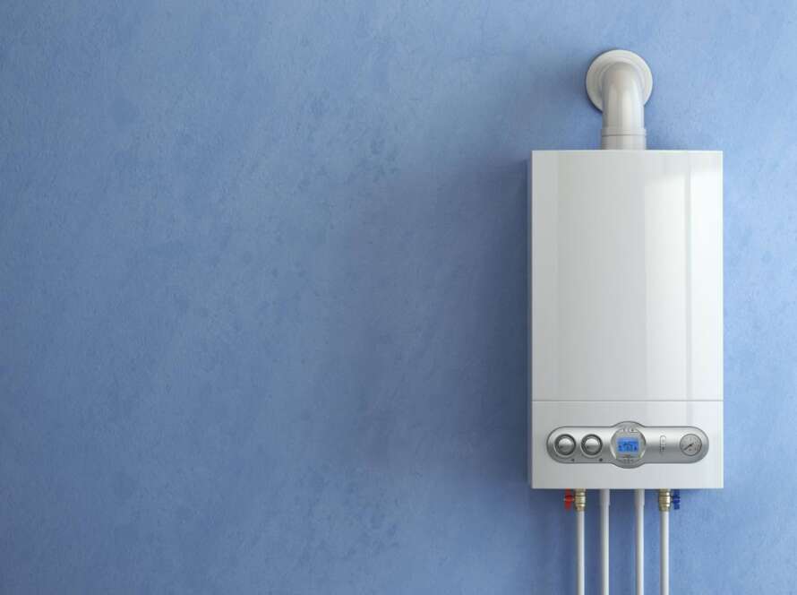 Tankless water heater on a wall.
