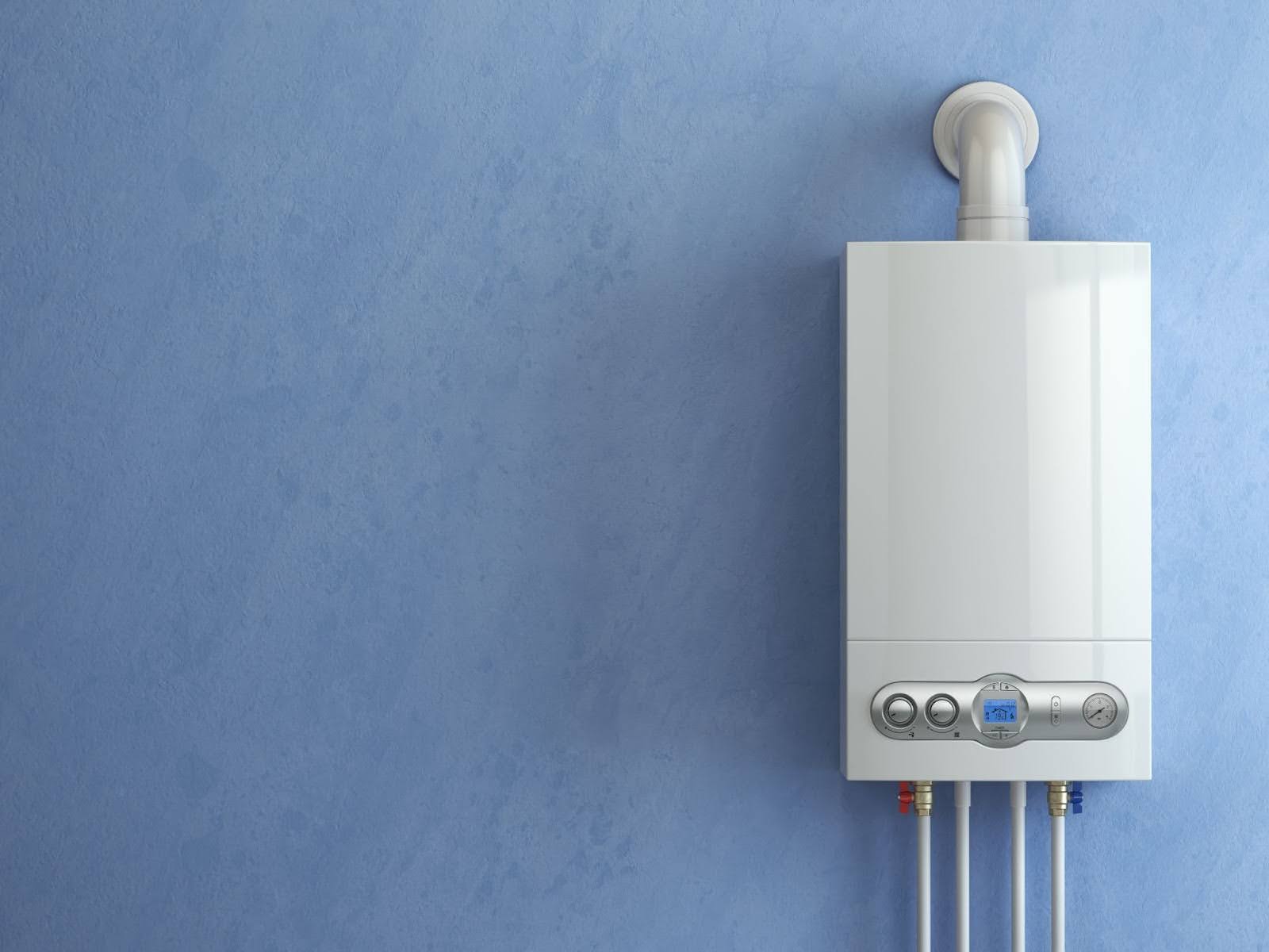 Tankless water heater on a wall.