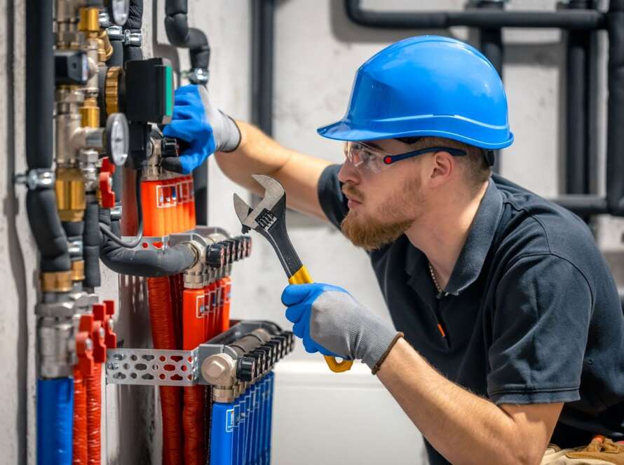 Man in a hard hat using a wrench.