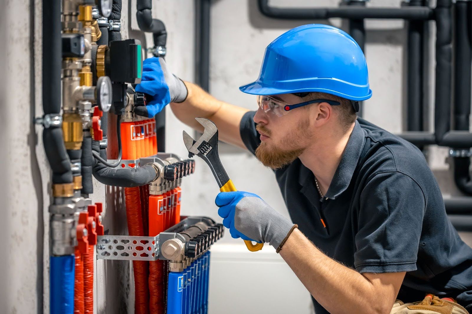 Man in a hard hat using a wrench.
