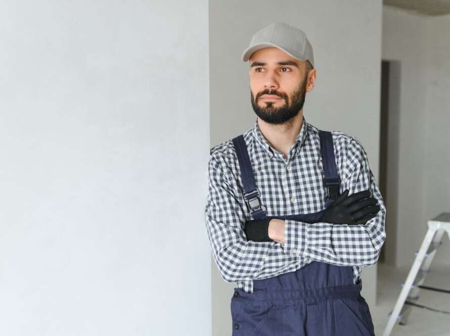Plumber leaning against a wall.