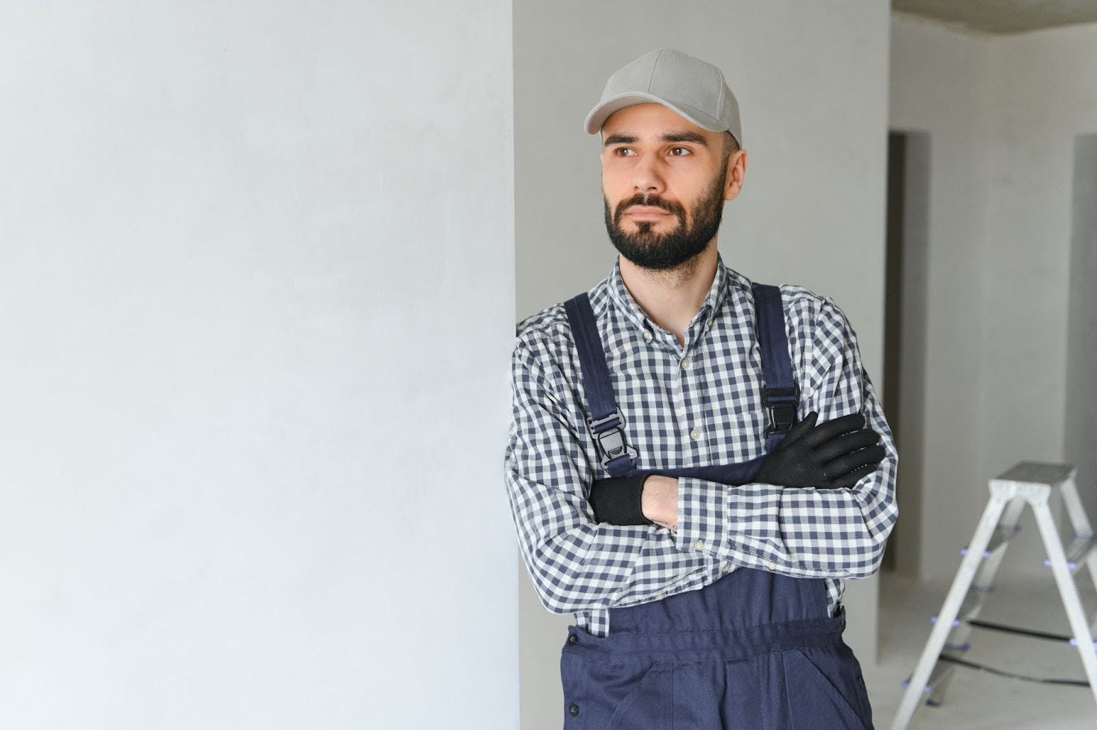 Plumber leaning against a wall.