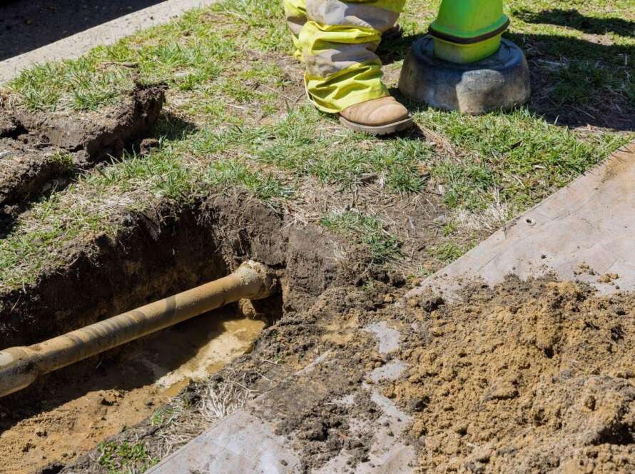 Technician next to an open sewer line.