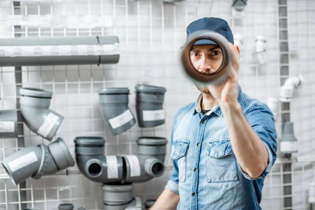 A commercial plumber meticulously checks pipes that can be installed in his client's pipe systems.