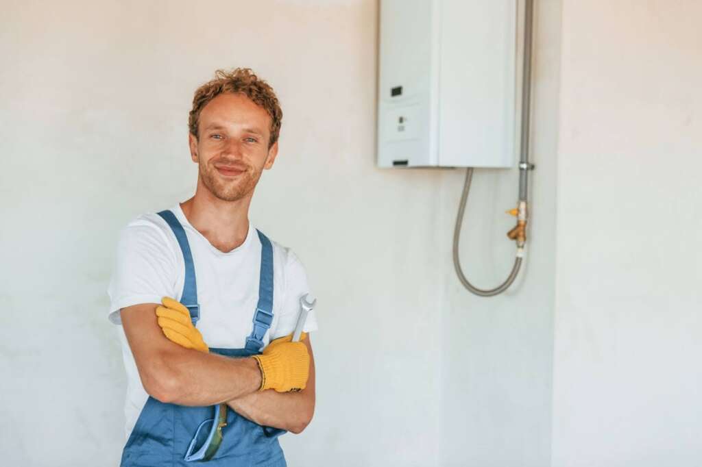man in gloves and overalls next to a tankless water heater.