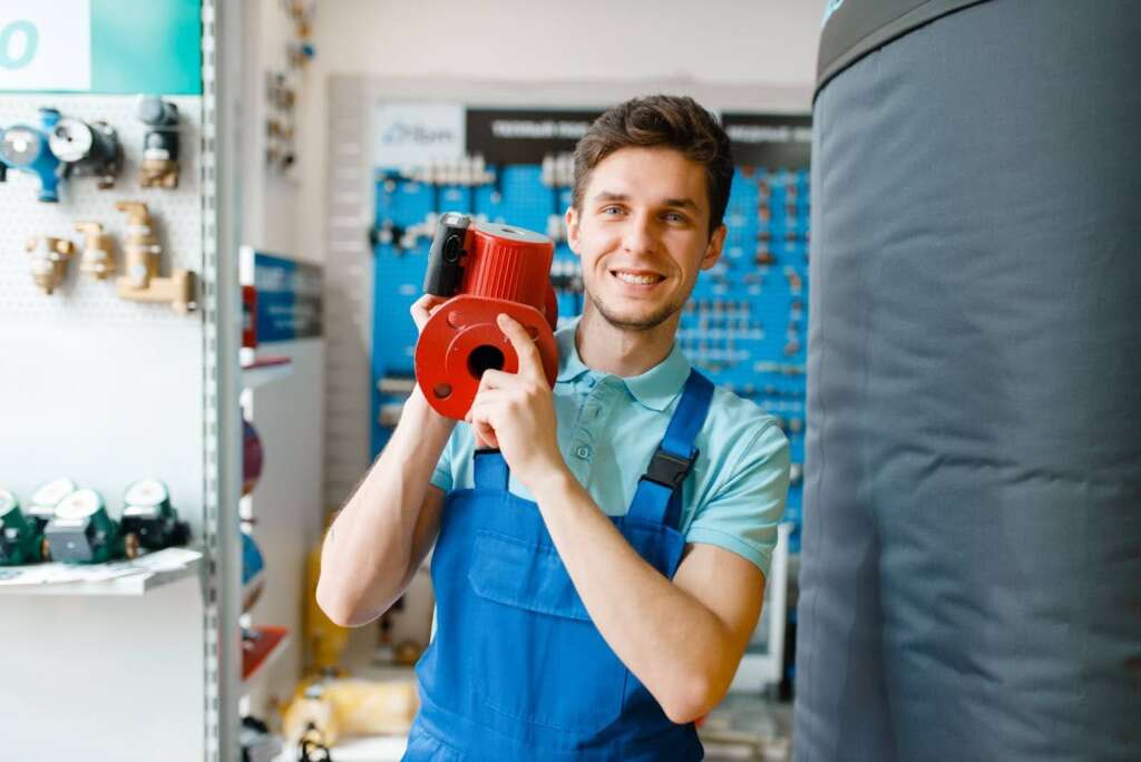 A commercial plumber holds a water pump as he walks toward the cashier.
