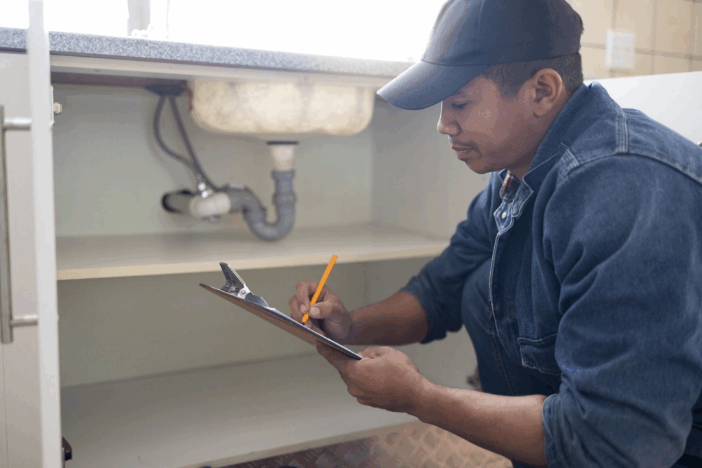 Plumber looking at pipes under a sink and writing on a clipboard.