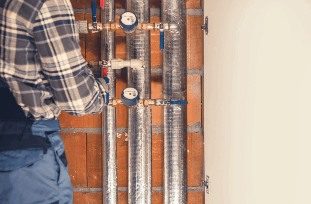 A technician inspects the heating system to avoid gas leaks.