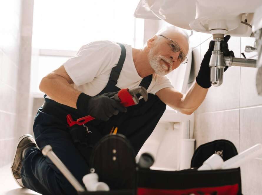 A plumber repairs a sink pipe with an adjustable wrench under the kitchen basin.