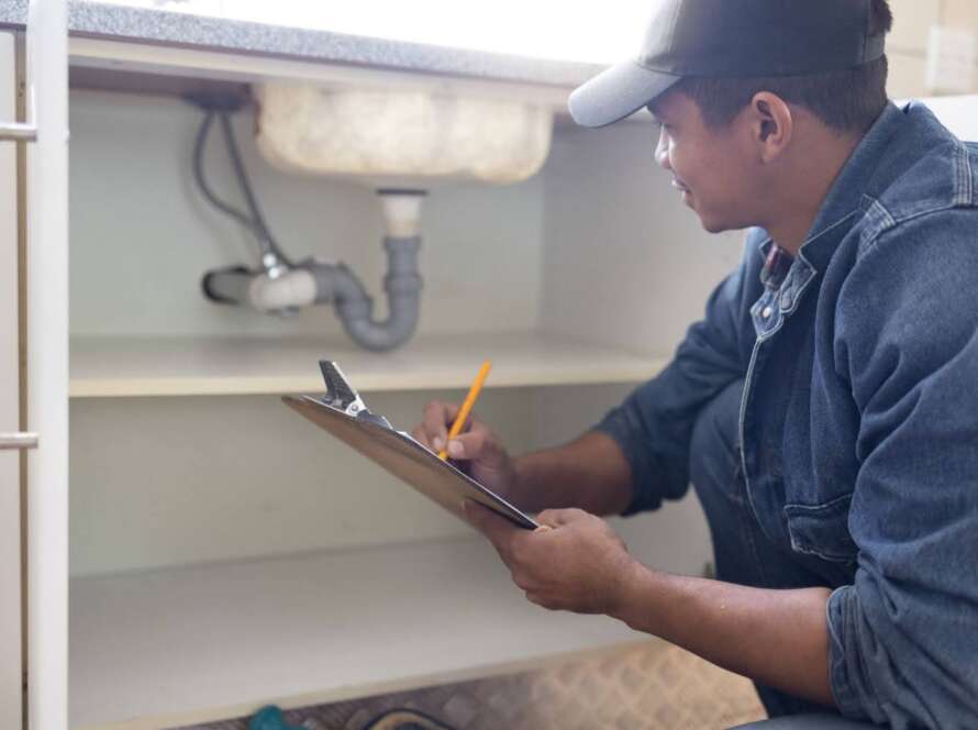 A handyman performs leak detection and sink maintenance during a kitchen plumbing inspection.