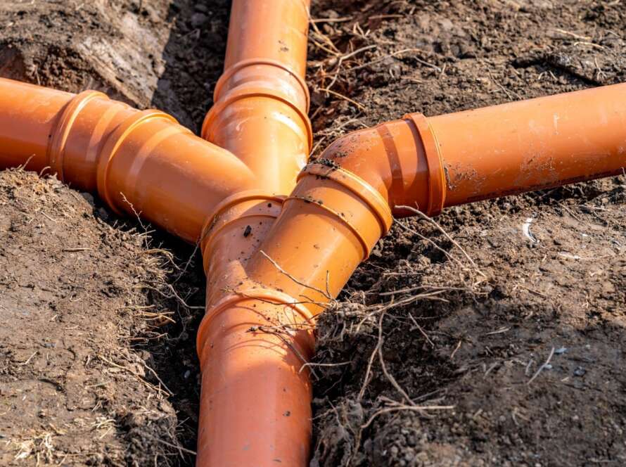 A plastic pipe for the sewage network in the residential base plate.