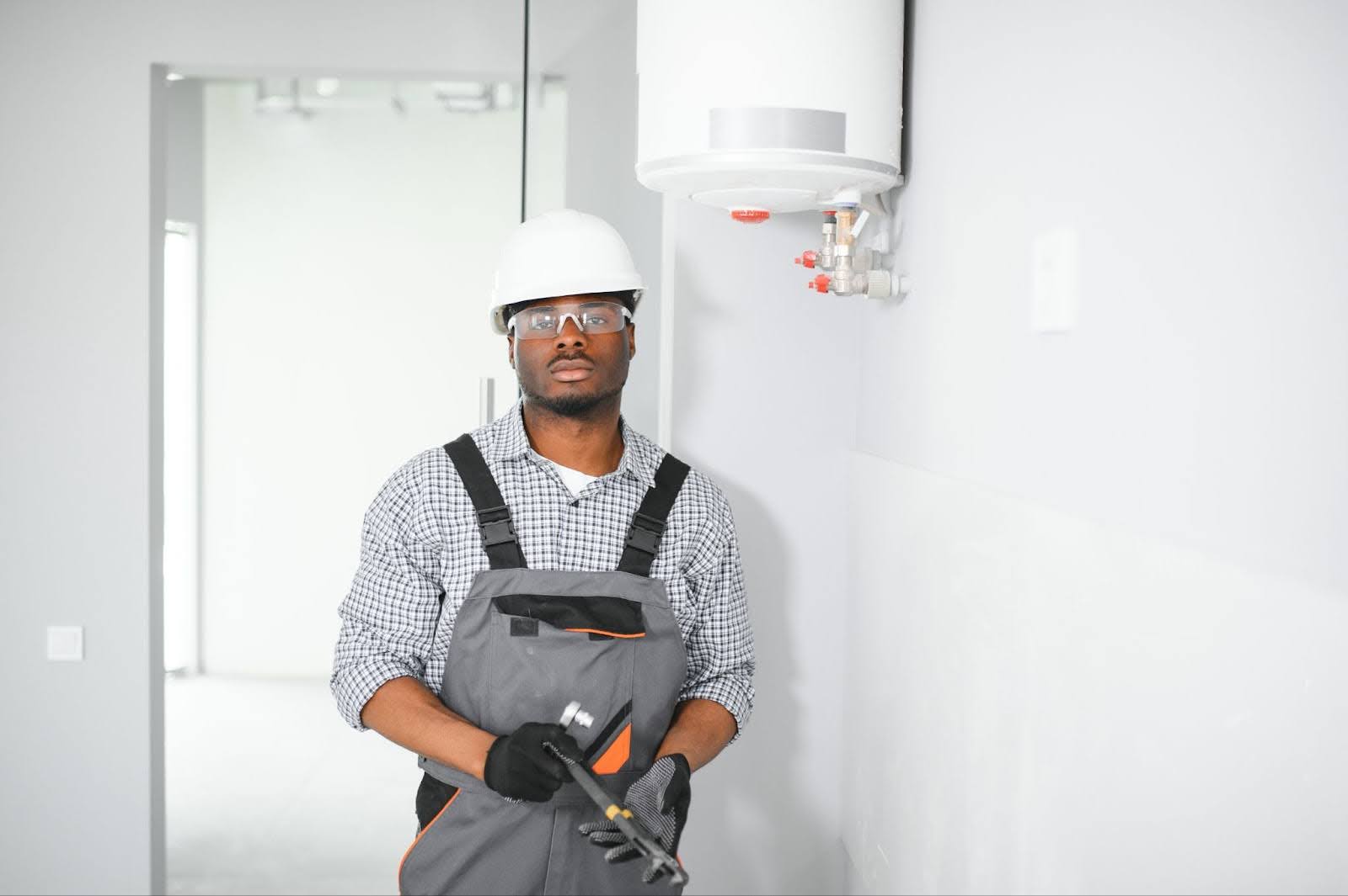 A man wearing a yellow hard hat checks a water heater in a commercial space with a tool.