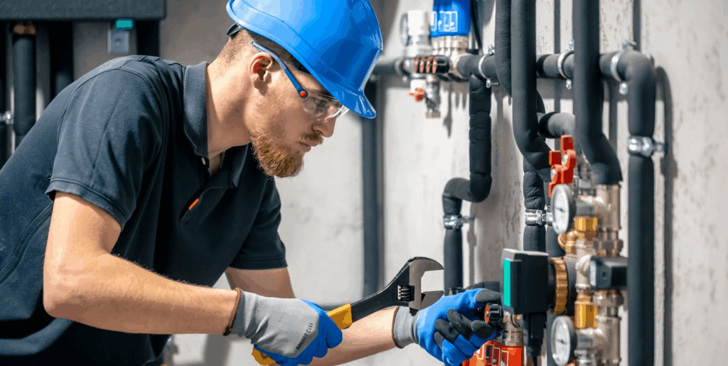 A plumber installs a home heating system and secures pipes with a wrench.