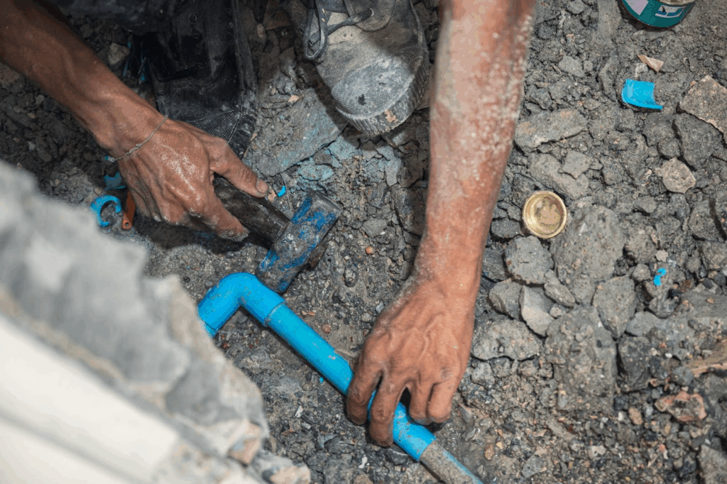 A plumber securing a PVC pipe installation in a bathroom with a hammer.