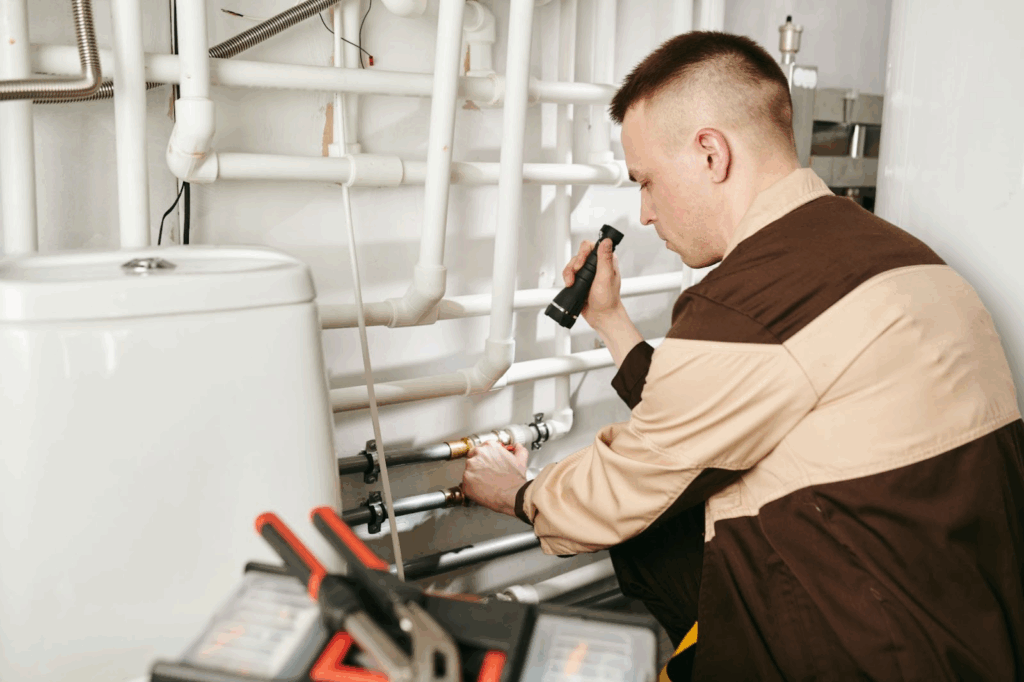 A plumber using a hand tool to detect leaks along the pipes beneath the toilet.