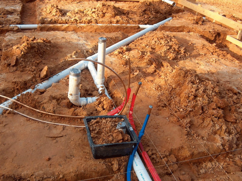 A sewer system structural framework and support components in place.