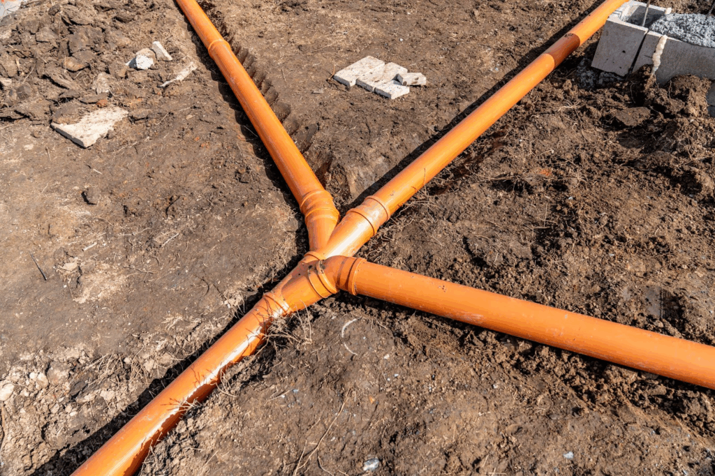 Long plastic pipes arranged for installation in an underground sewage network system.