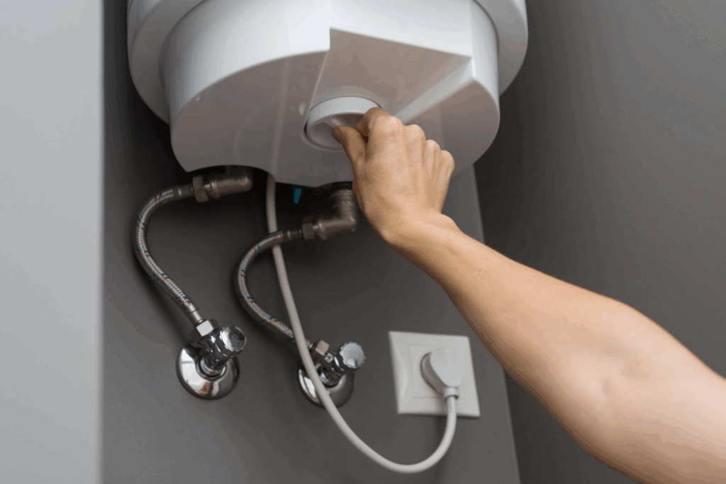 A woman’s hand adjusting a water heater's temperature knob.