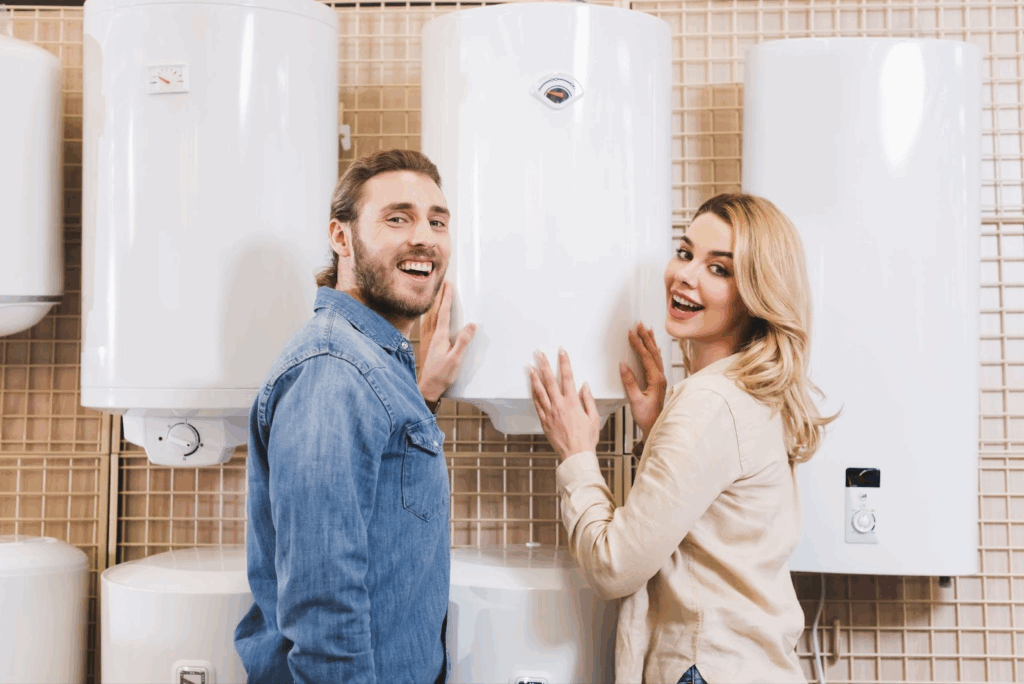 A couple browses different water heater models in a store.