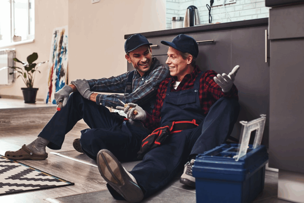 Two plumbers sitting on the floor take a short break after fixing a faucet.