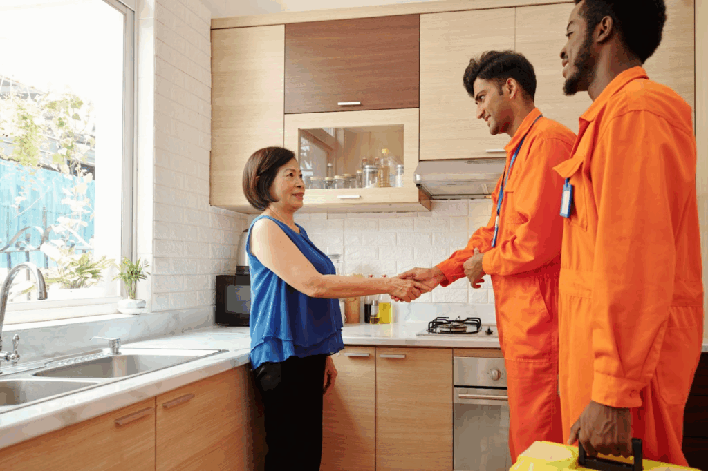 A lady shakes hands with a plumber in an orange working uniform while the other plumber looks on.