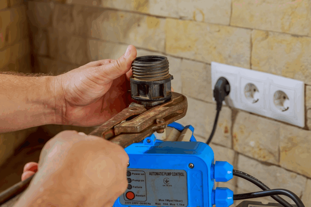 A close-up view of a plumber’s hands unscrewing the coupling from a water pump.