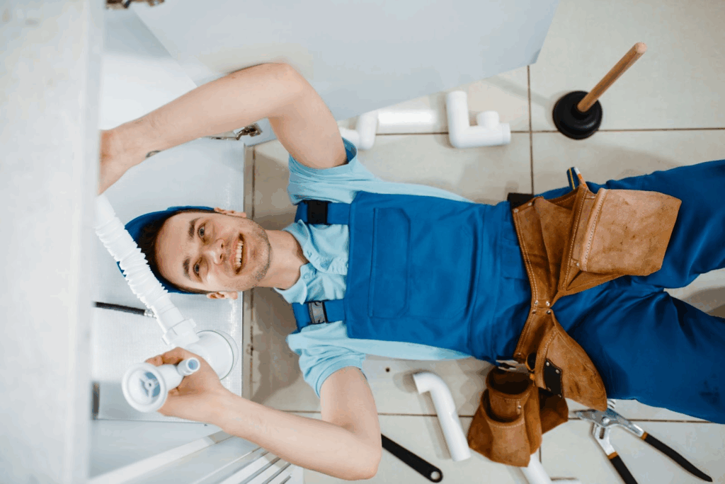 Top view of a plumber installing a drain pipe under the sink.