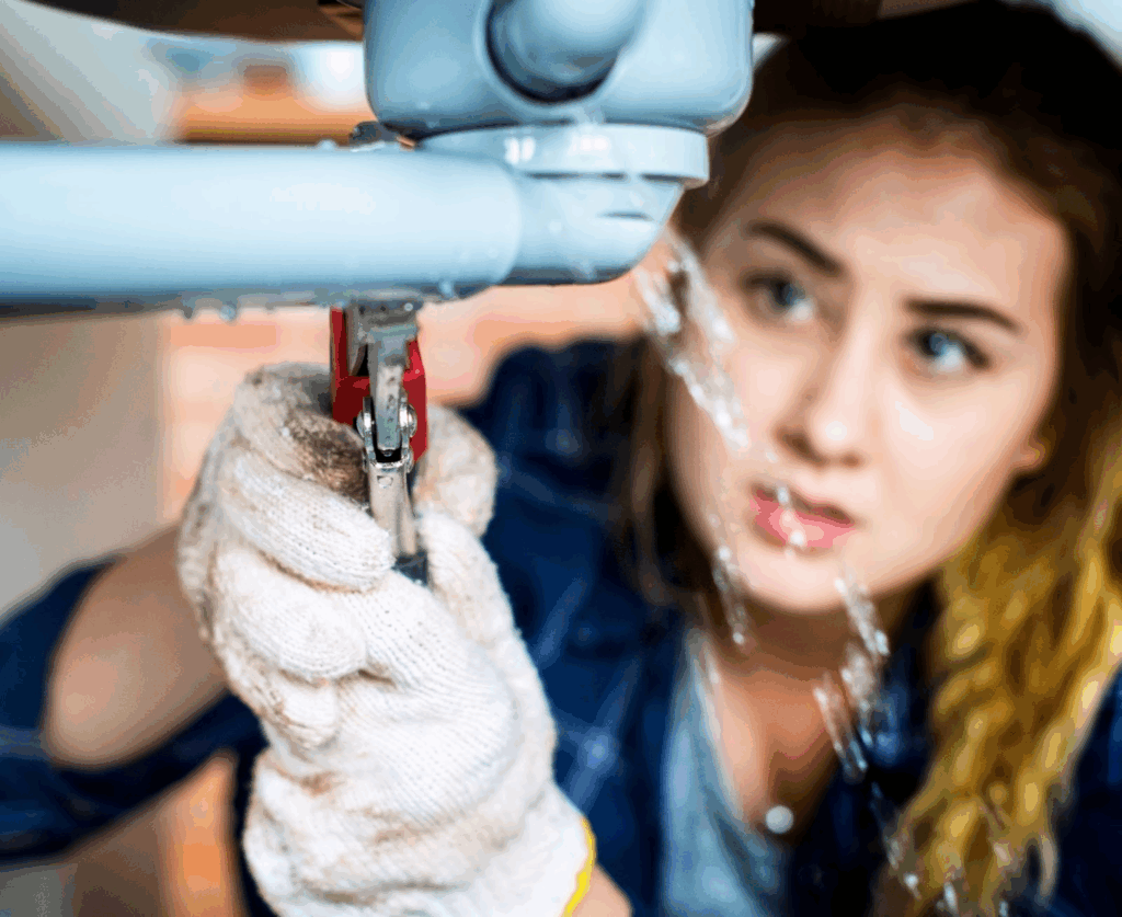 A woman wearing gloves attempts to fix a leaking pipe using pliers.