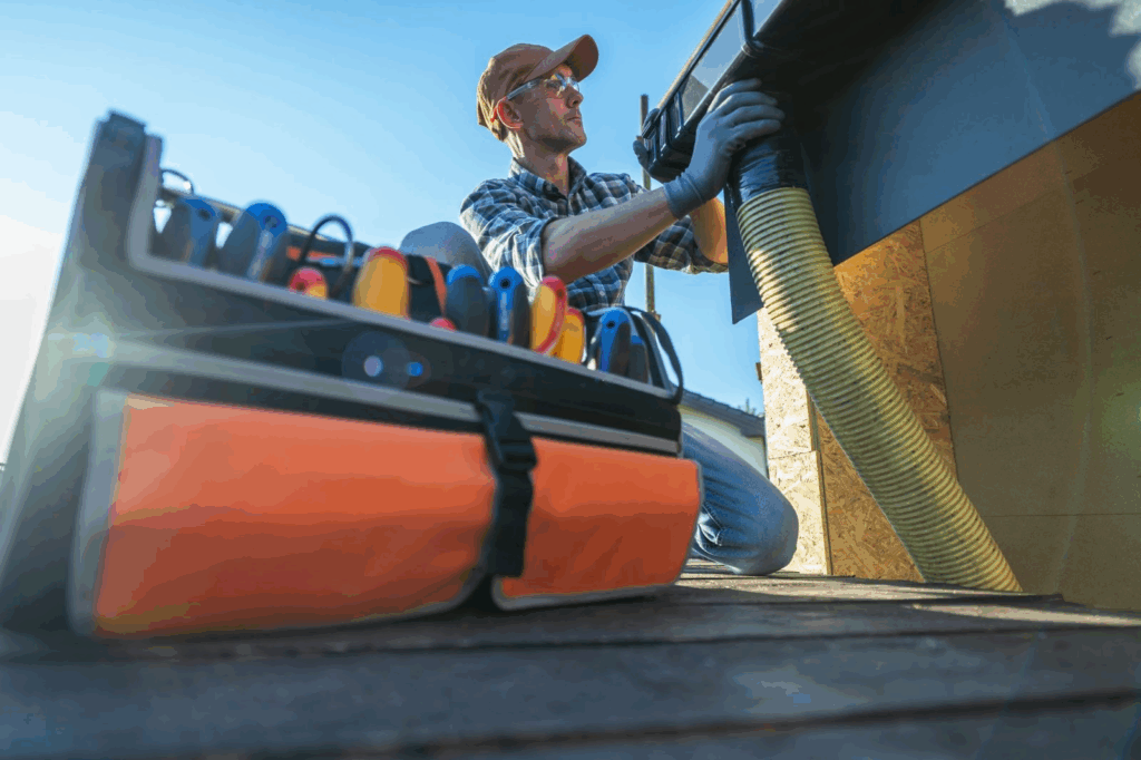 A maintenance worker cleans the roofing pipe.