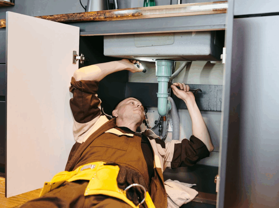 A professional plumber uses a wrench to fix the water pipes of the kitchen sink.
