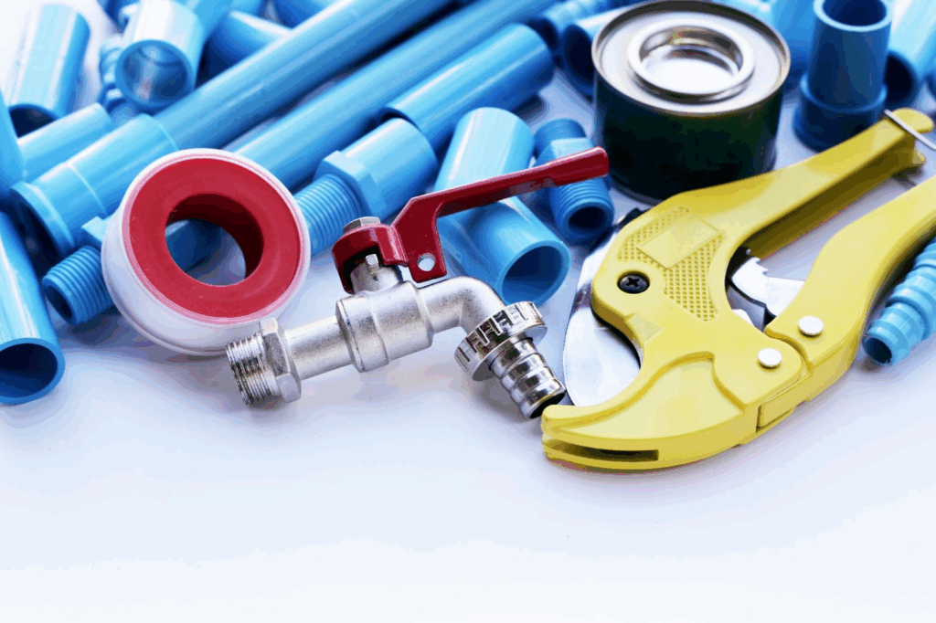A close-up view of common plumbing materials including blue PVC pipe connectors, a ball valve with a red lever handle, a yellow pipe cutter, a small can of pipe joint sealant, and a roll of Teflon tape.