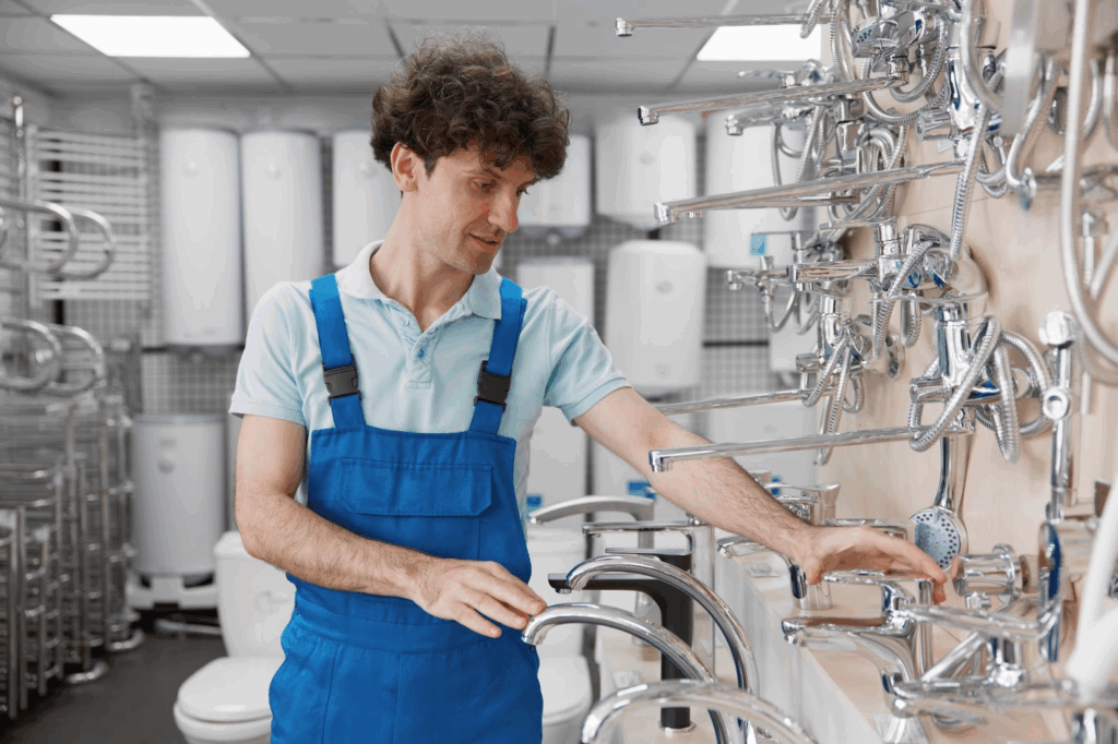 A male in a blue jumper uniform meticulously assesses the sink faucet to replace the old one.