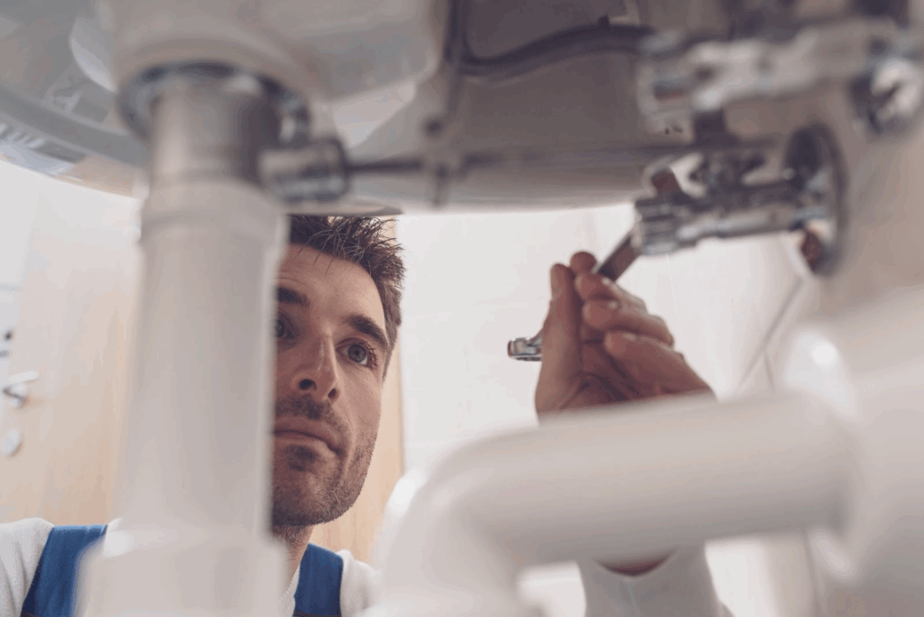 A plumber wearing overalls using a tool to perform plumbing maintenance under a bathroom sink.
