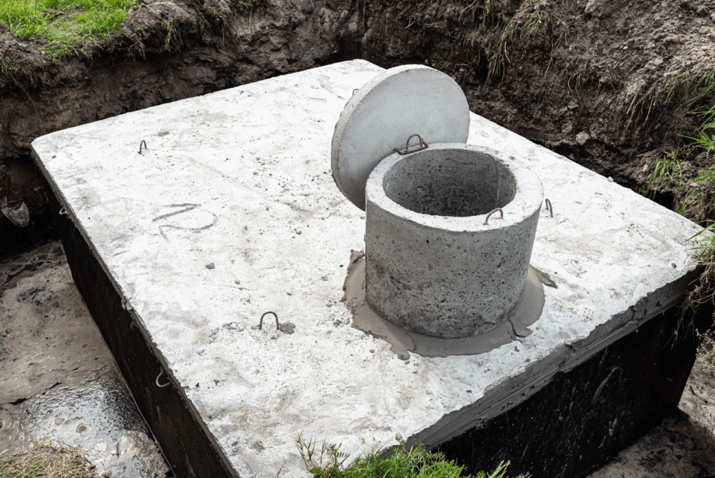 A concrete septic tank with a ten-cubic-meter capacity in a garden near a house.