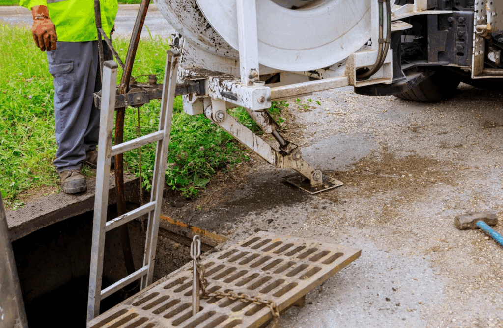 Sewage cleaning workers using equipment for septic tank pumping on a town street.