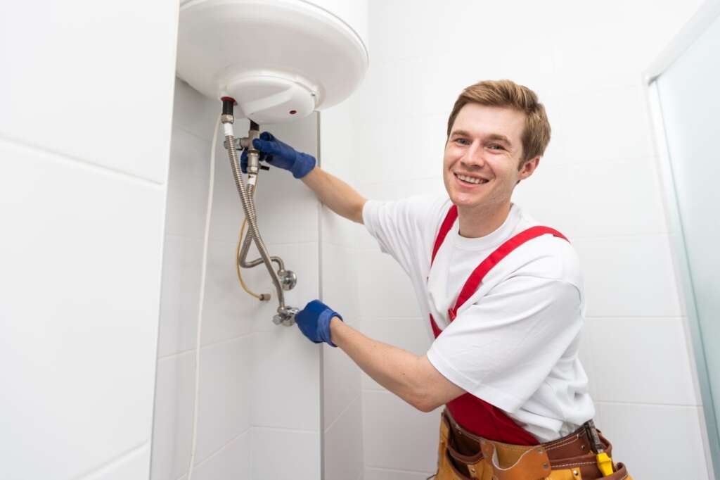 A plumber servicing a water heater with precision tools.