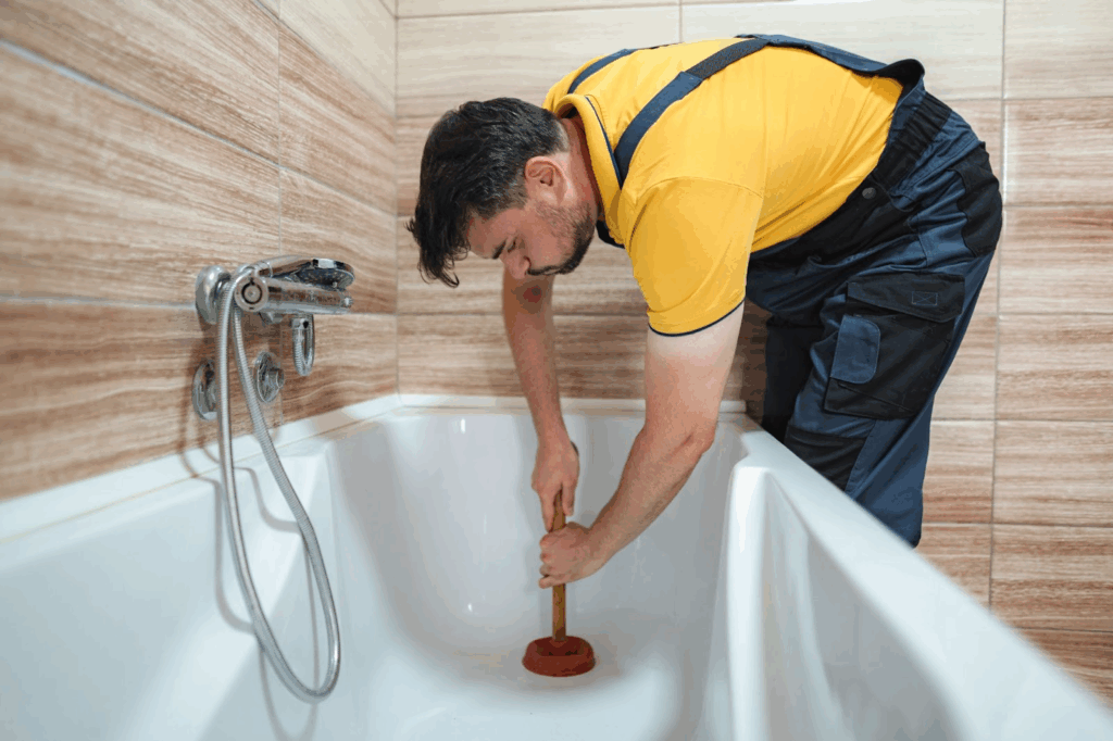 A plumber uses a plunger to unclog a bathtub drain and restore proper drainage.