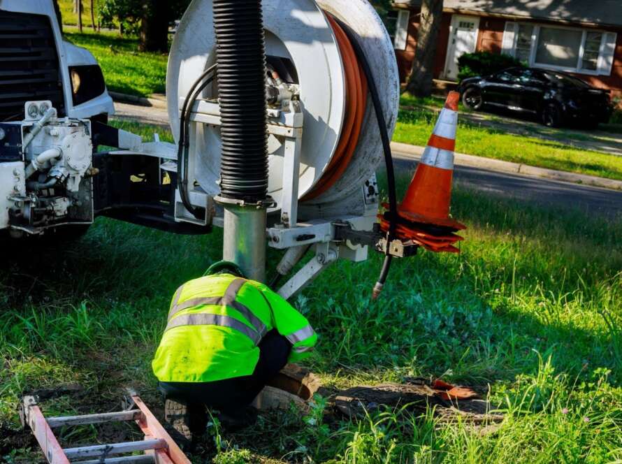 Sewer cleaning crew using industrial truck equipment in a city yard.