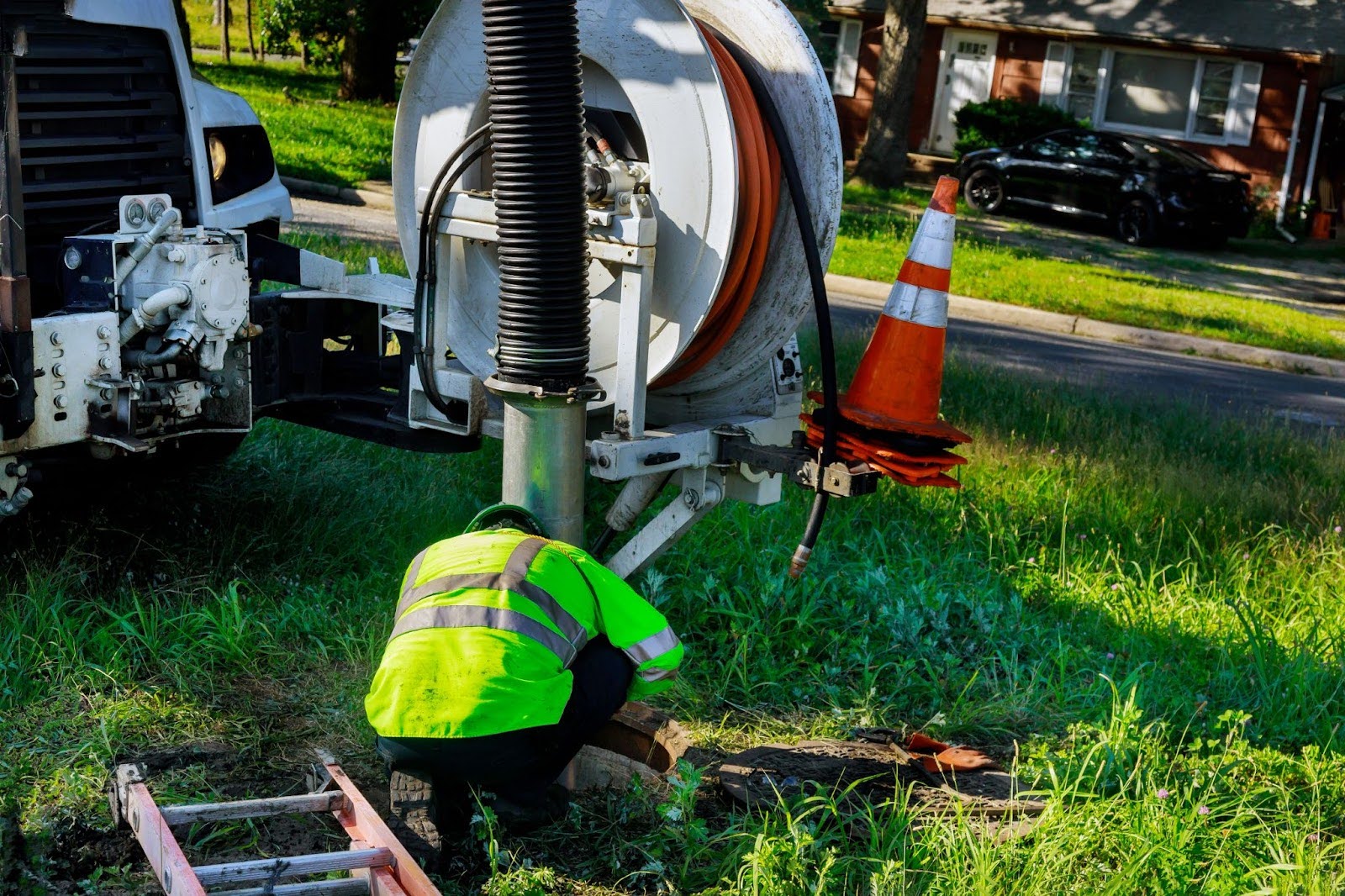 Sewer cleaning crew using industrial truck equipment in a city yard.