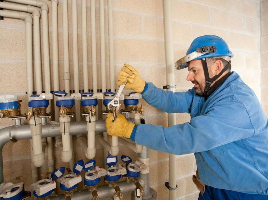 A professional plumber adjusting water control valves inside a commercial utility room during routine system maintenance.