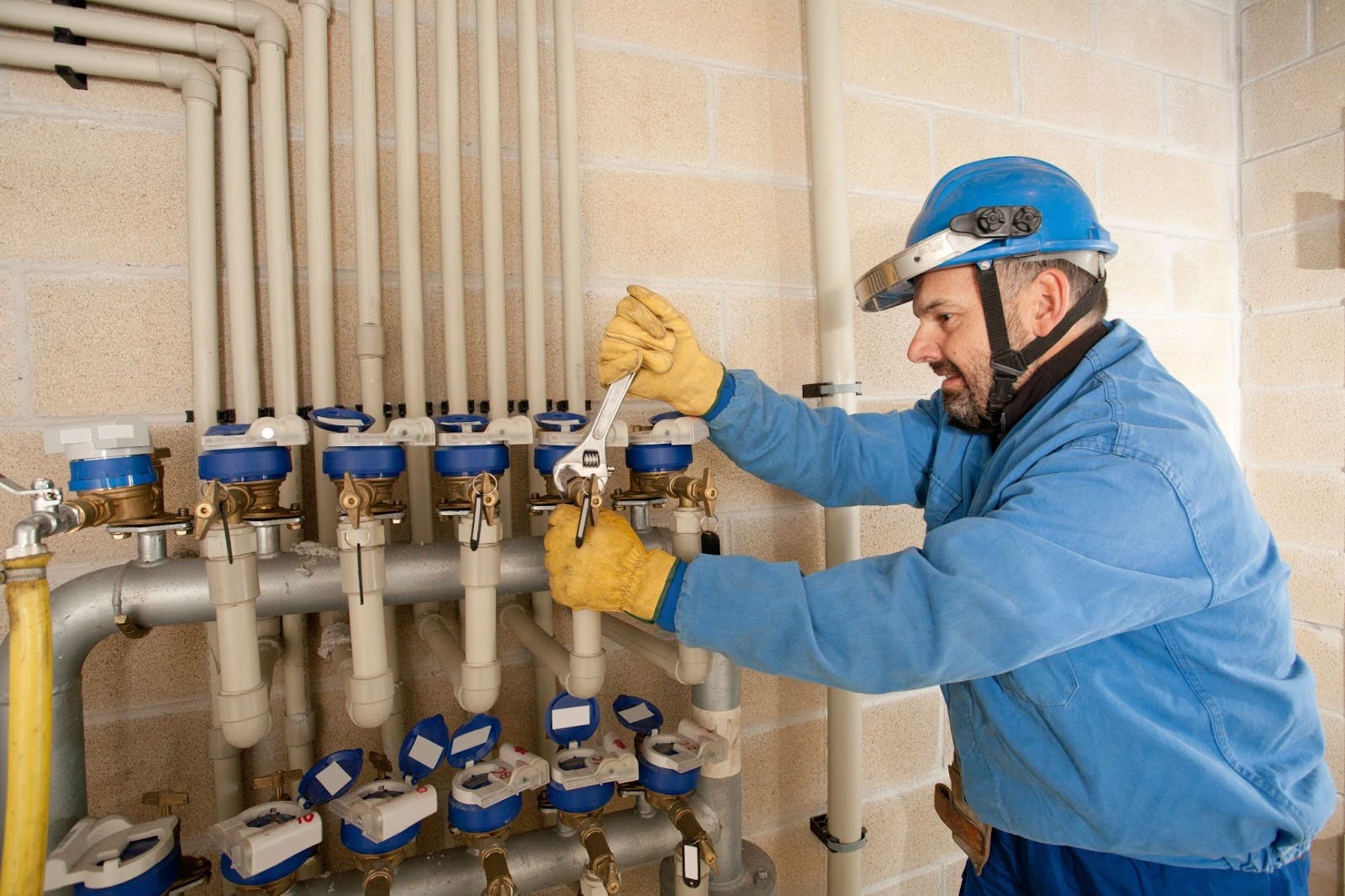 A professional plumber adjusting water control valves inside a commercial utility room during routine system maintenance.