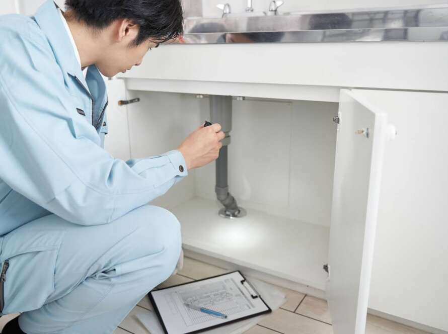 Plumbing technician using a flashlight to inspect sink pipes and document findings on a clipboard.