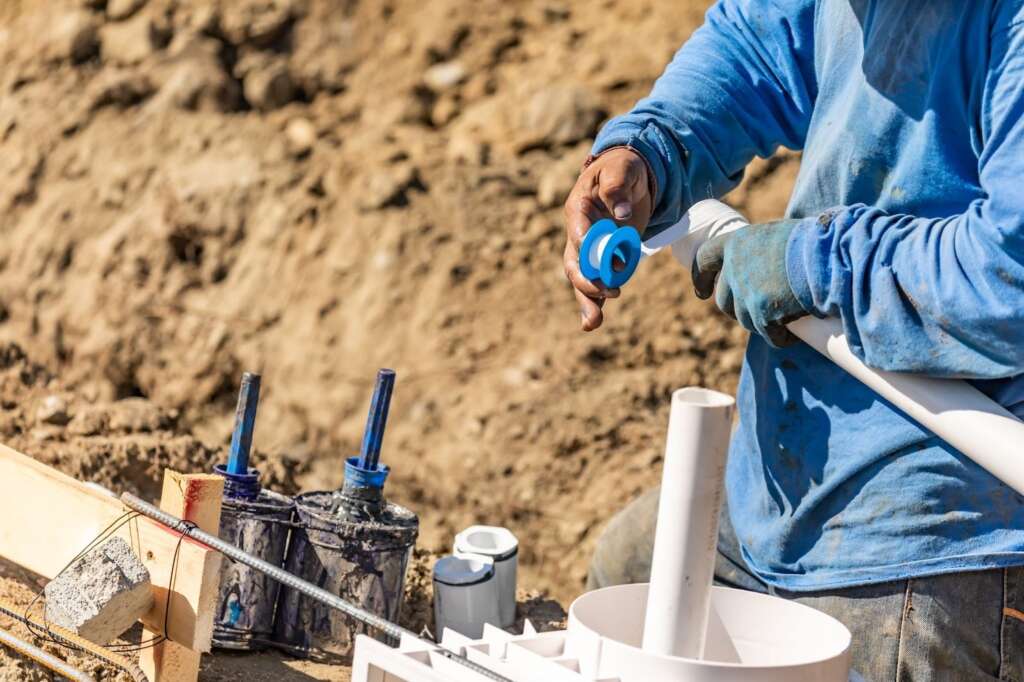 A plumber applies special tape to the end of a pipe during sewer line repair.