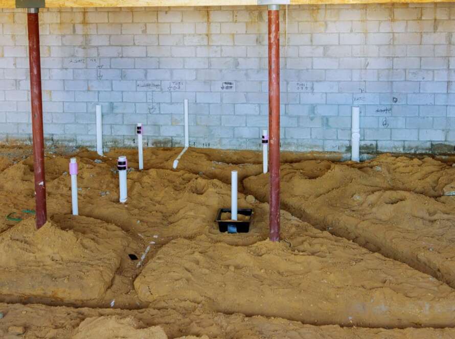 Sump pump installation showing PEX and sewer drain pipes connected in a residential basement drainage system.