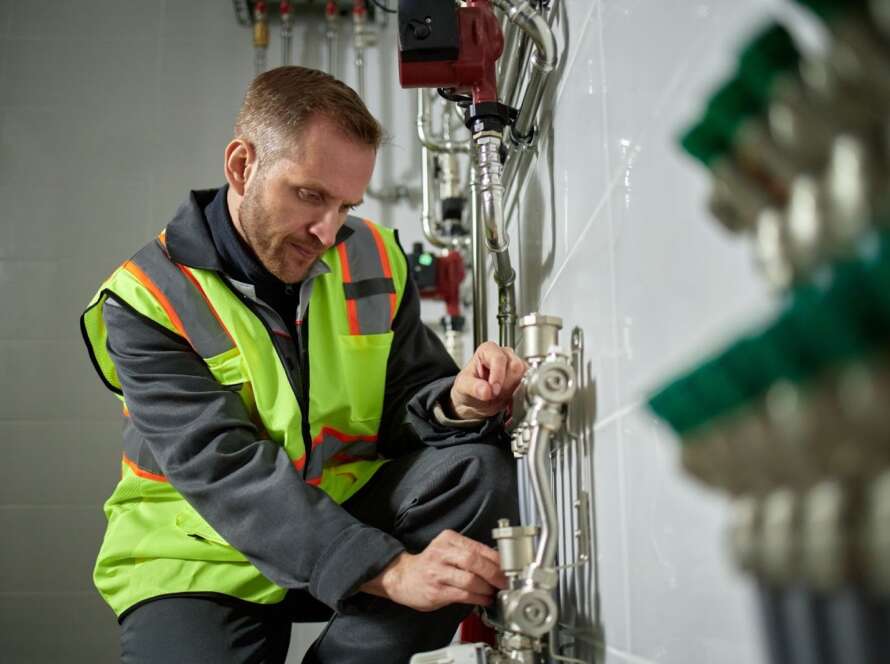 Caucasian commercial plumber inspecting and adjusting pipes in a building utility room